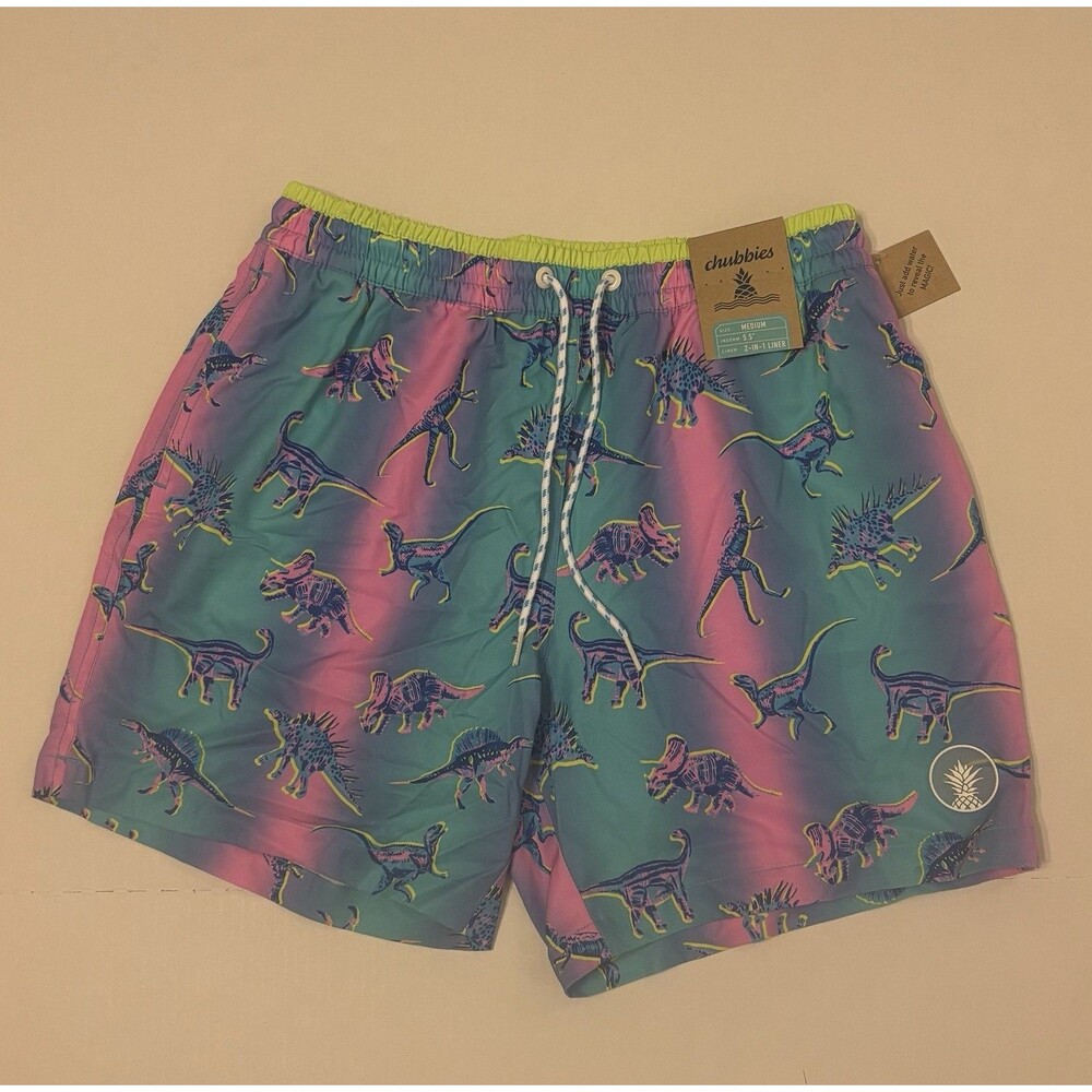 Chubbies Dino Delights 5.5" Swim Trunks w/Liner Drawstring Water Activated M